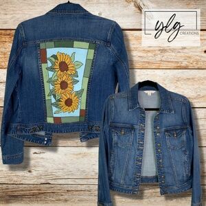 Sunflower Denim Jean Jacket Hand Painted Artisan Flowers Small Boston Proper